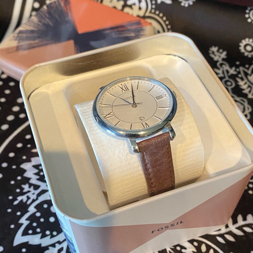 Fossil watch with brown leather strap